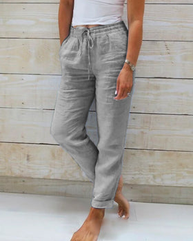 Women's Elastic Waist Straight Leg Pants – Drawstring Pocket Trousers