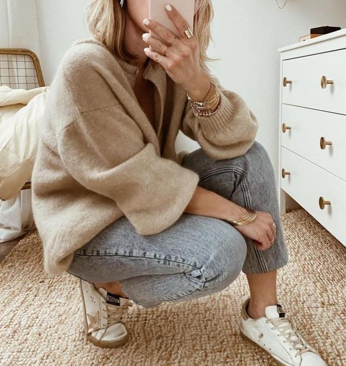 Women's Oversized Ribbed Neck Cardigan – Statement Sleeve Knit Cardigan