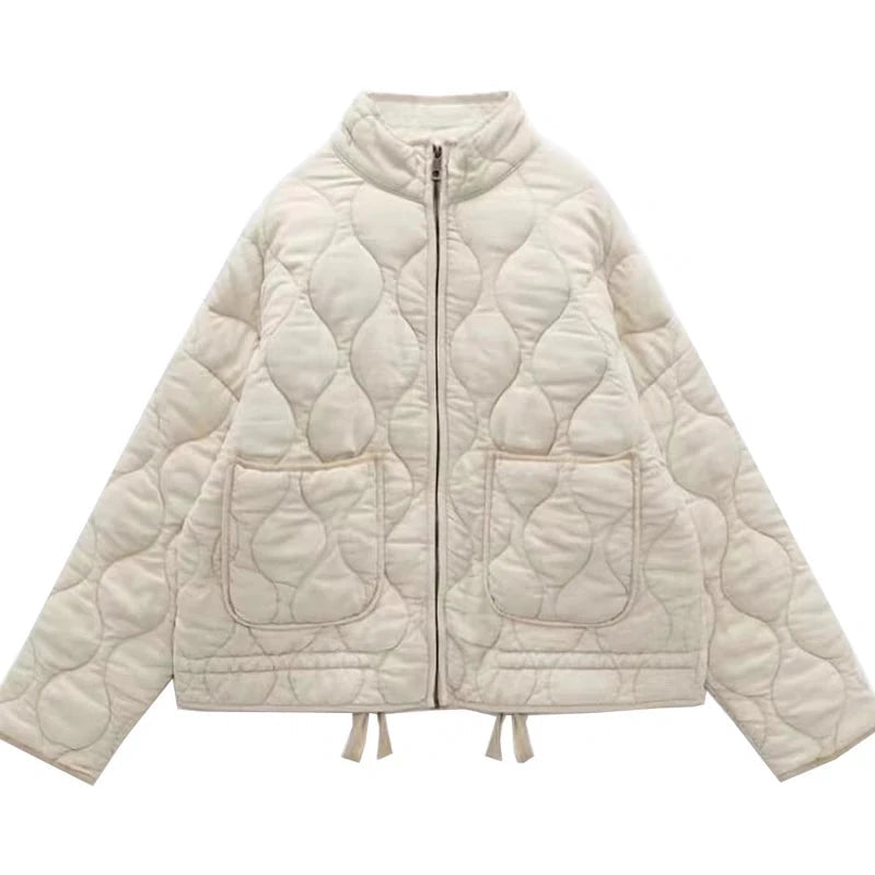 Women's Vintage Winter Jacket – Drawstring Zip-Up Pocket Jacket