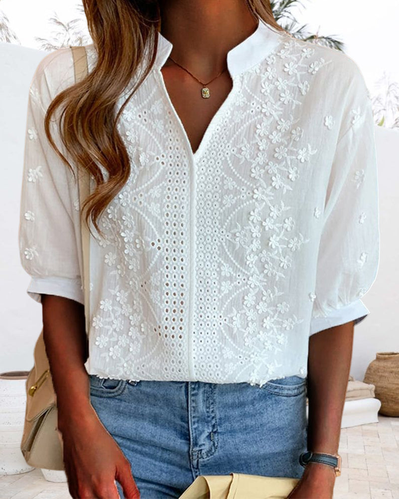 Women's V-Neck Long Sleeve Blouse – Puff Sleeve Relaxed Blouse