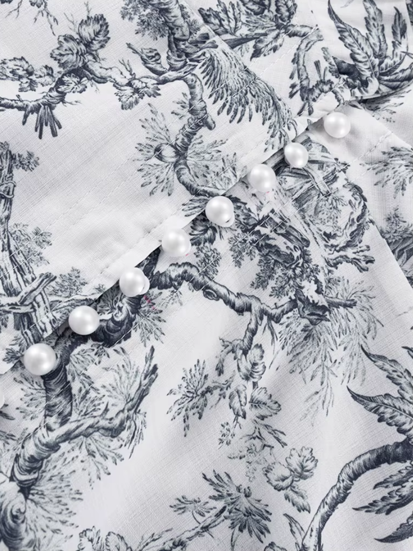 Women's Toile Print Mini Dress – Belted A-Line Balloon Sleeve Dress