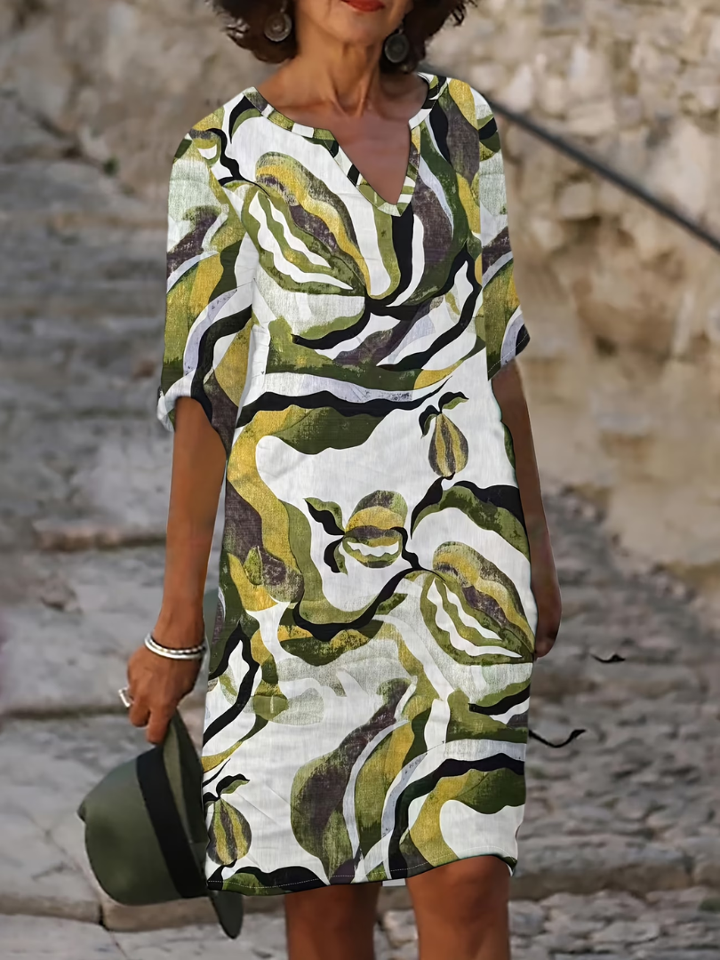 Women's Printed V-Neck Dress – Three-Quarter Sleeve Summer Dress
