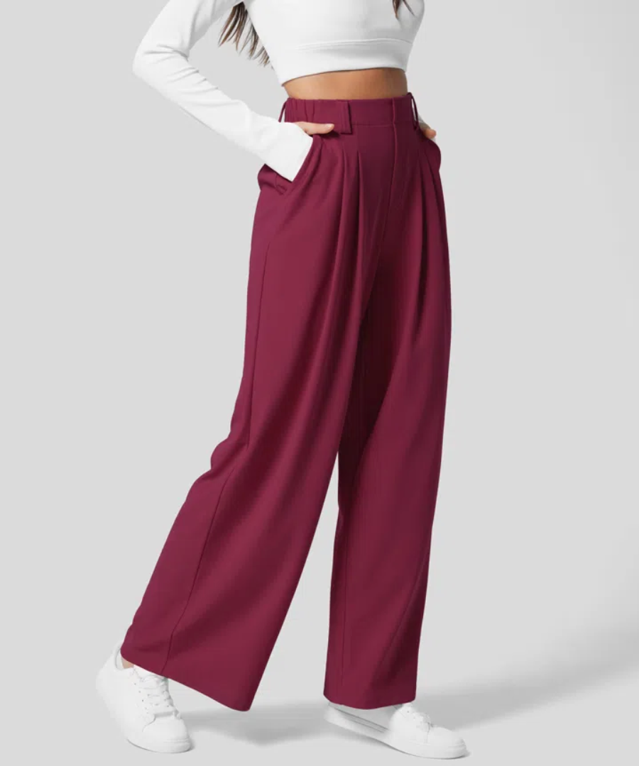Women's High Waisted Four Pocket Pants – Elastic Waist Wide Leg Trousers