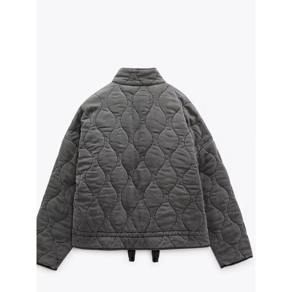 Women's Vintage Winter Jacket – Drawstring Zip-Up Pocket Jacket
