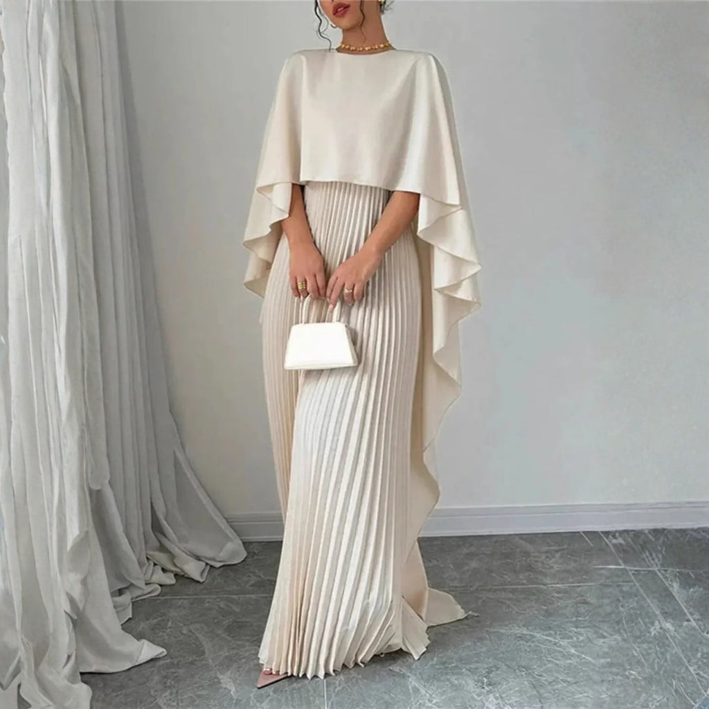 Women's Pleated Cape Wedding Guest Maxi Dress – Draped Evening Occasion Dress