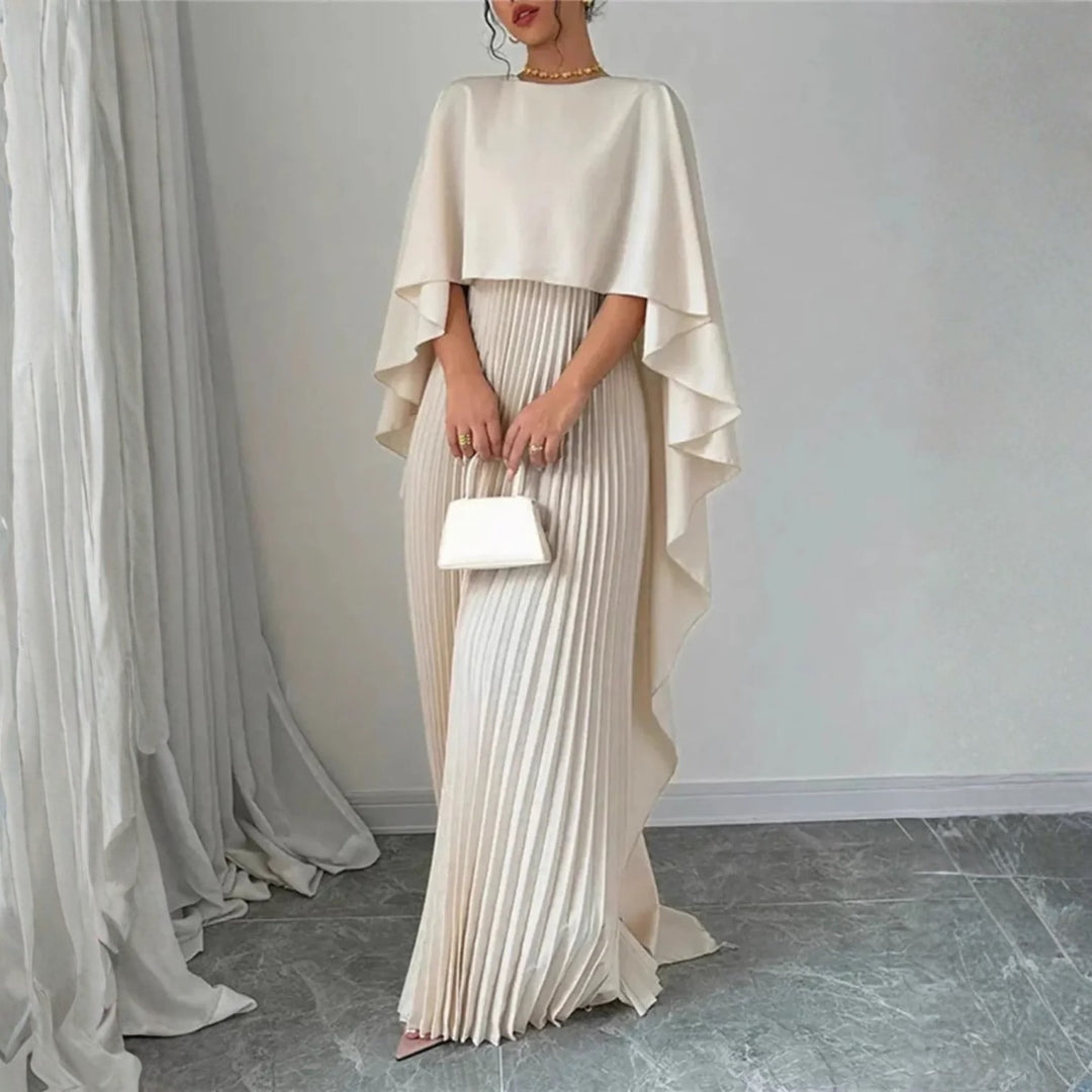 Women's Pleated Cape Wedding Guest Maxi Dress – Draped Evening Occasion Dress