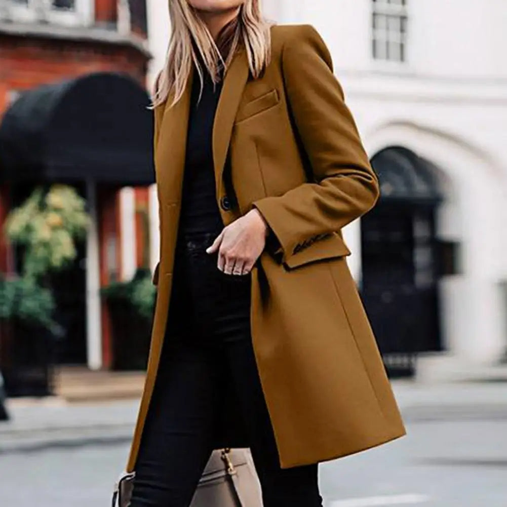 Women's Double-Breasted Mid-Length Coat – Tailored Lapel Overcoat