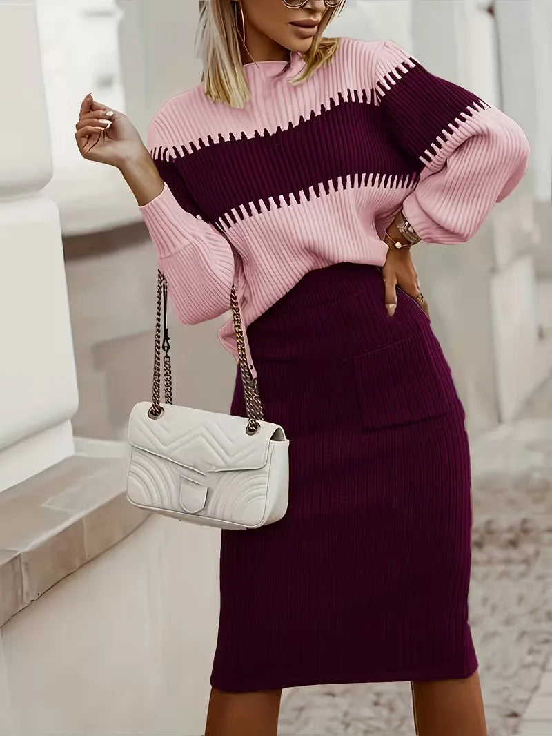 Women's Ribbed Knit Skirt Set – High Neck Sweater Co-Ord
