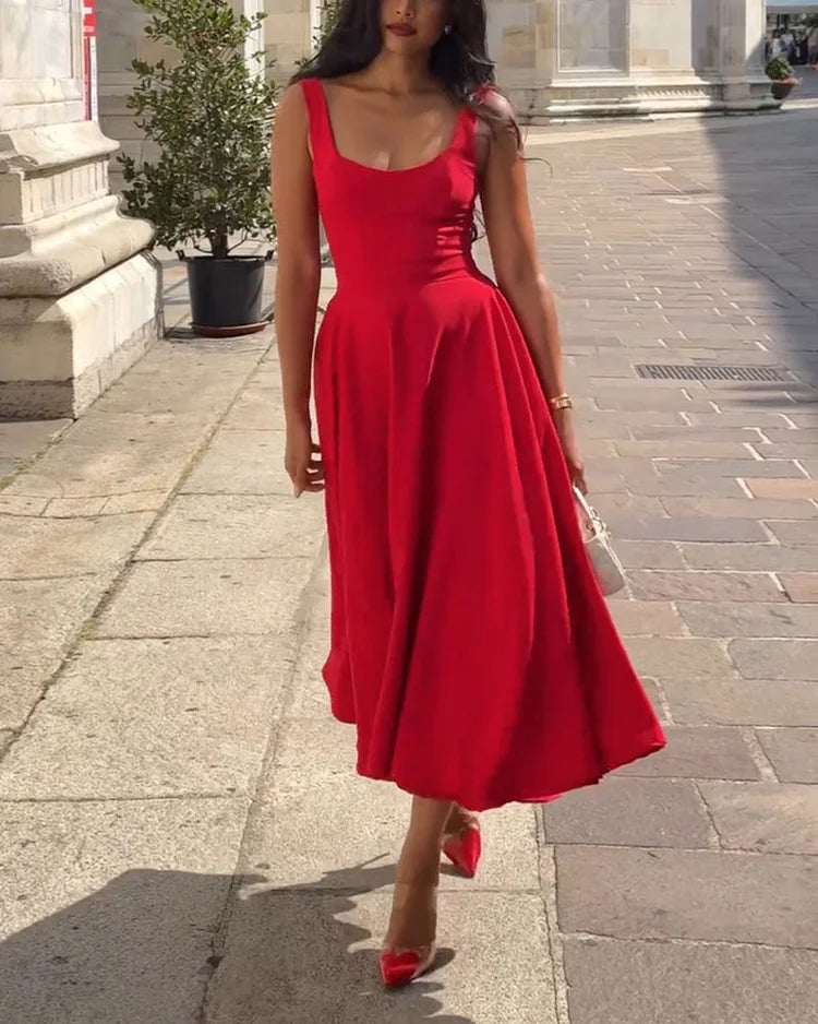 Women's Strappy Bodycon Midi Dress – Red Fitted Cocktail Party Dress