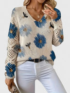 Women's V-Neck Floral Cardigan – Button Front Patterned Knit Cardigan