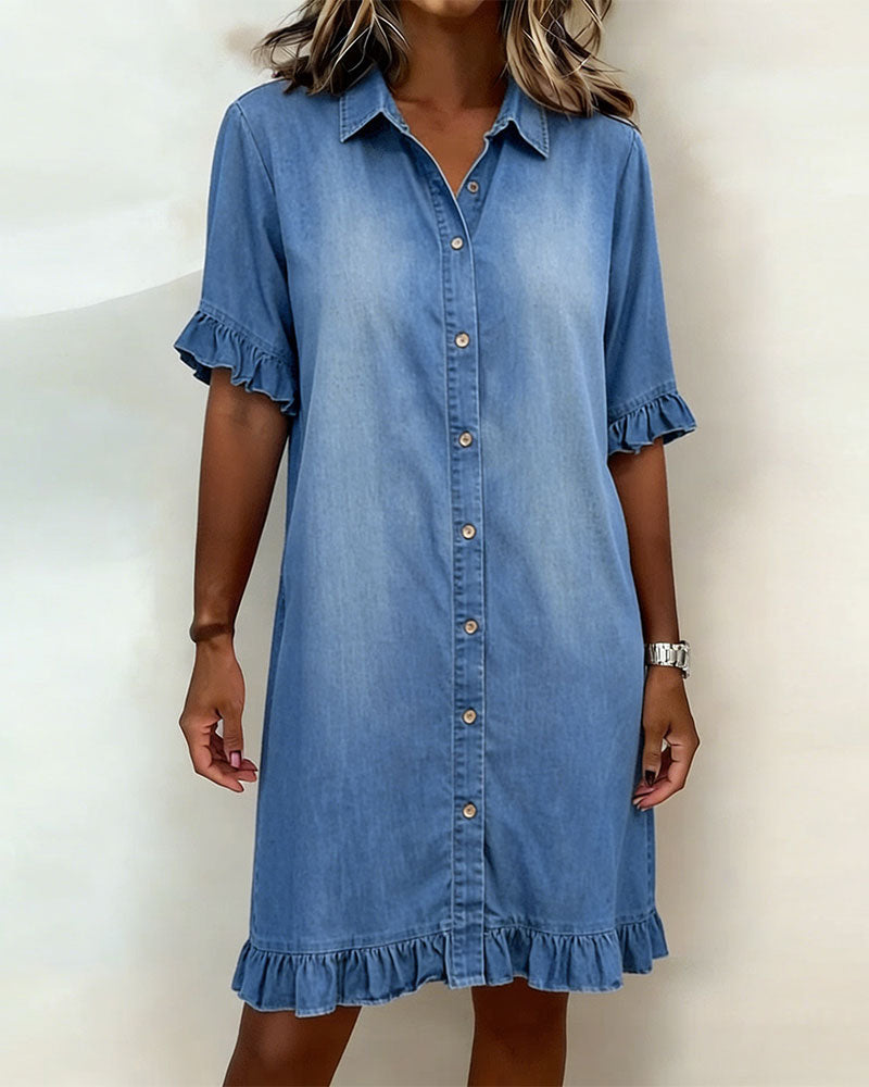 Women's Shirt Dress – Flounce Sleeve Button Front Knee-Length Dress