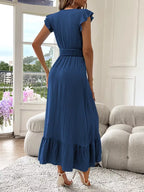 Women's V-Neck Tiered Evening Maxi Dress – Short Sleeve Smocked Waist Dress
