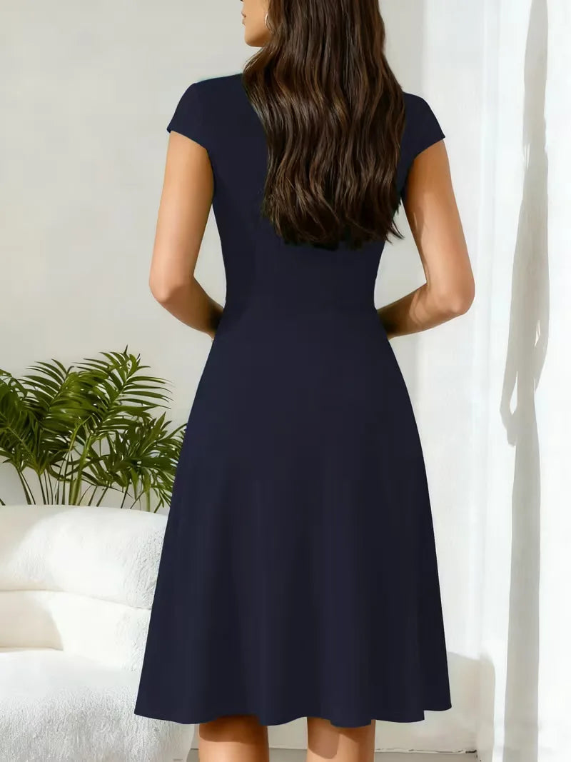 Women's V-Neck Pocket A-Line Dress – Short Sleeve Knee Length Dress
