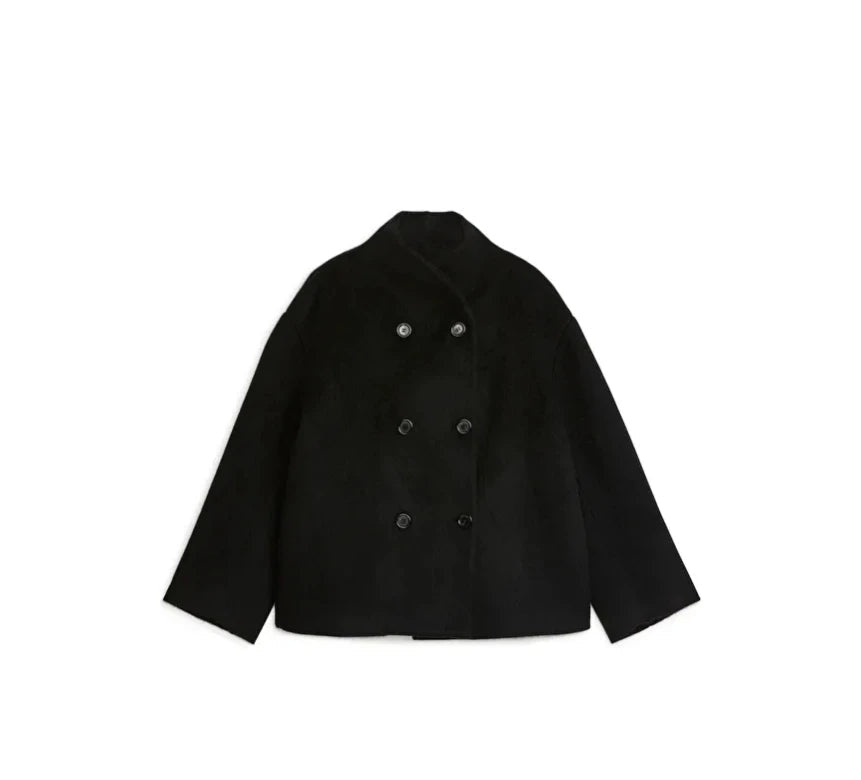 Women's Double-Breasted Winter Coat – Relaxed Stand Collar Overcoat