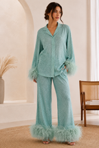Women's Glitter Party Set – Feather Trim Top & Wide Leg Sequin Pants Set