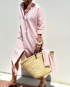 Women's Striped Belted Shirt Dress – Button Front Midi Dress