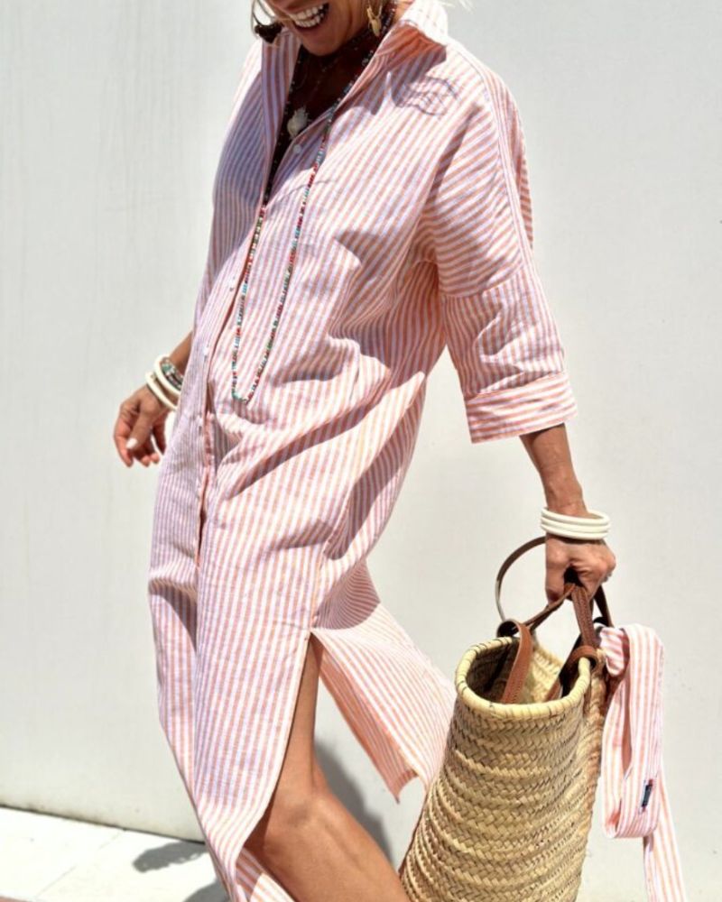 Women's Striped Belted Shirt Dress – Button Front Midi Dress