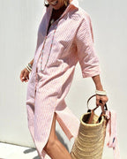 Women's Striped Belted Shirt Dress – Button Front Midi Dress