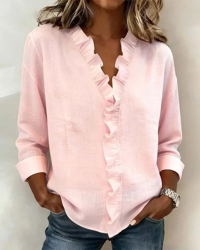 Women's Statement Sleeve Blouse – V-Neck Ruffle Flowy Blouse