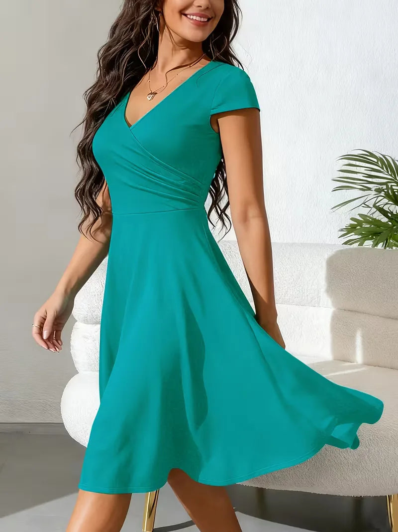 Women's V-Neck Pocket A-Line Dress – Short Sleeve Knee Length Dress