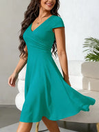 Women's V-Neck Pocket A-Line Dress – Short Sleeve Knee Length Dress