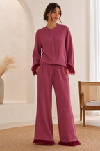 Women's Glitter Party Set – Feather Trim Top & Wide Leg Sequin Pants Set