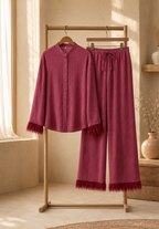 Women's Glitter Party Set – Feather Trim Top & Wide Leg Sequin Pants Set