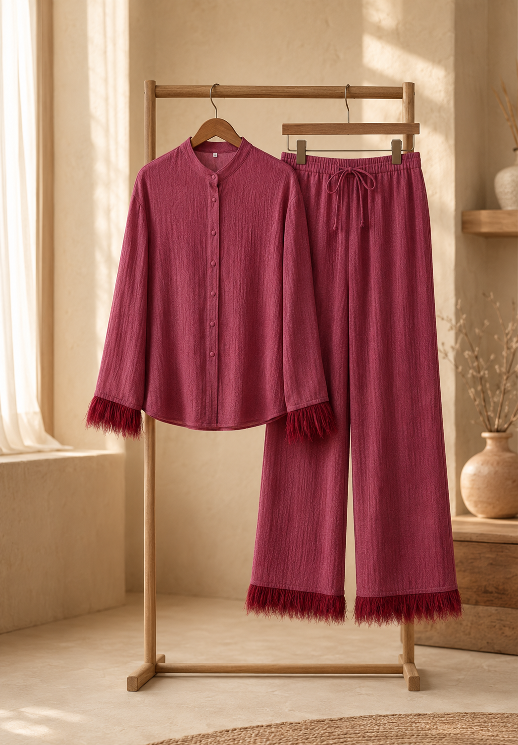 Women's Glitter Party Set – Feather Trim Top & Wide Leg Sequin Pants Set