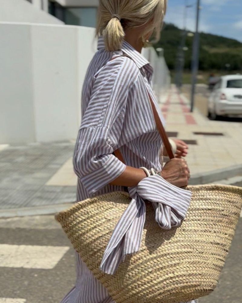 Women's Striped Belted Shirt Dress – Button Front Midi Dress