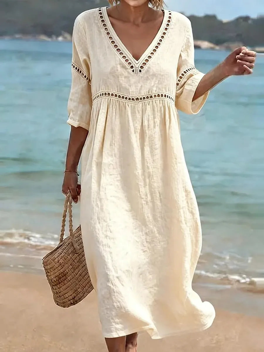 Women's V-Neck Pocket Summer Dress – Short Sleeve Midi Dress