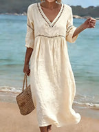 Women's V-Neck Pocket Summer Dress – Short Sleeve Midi Dress