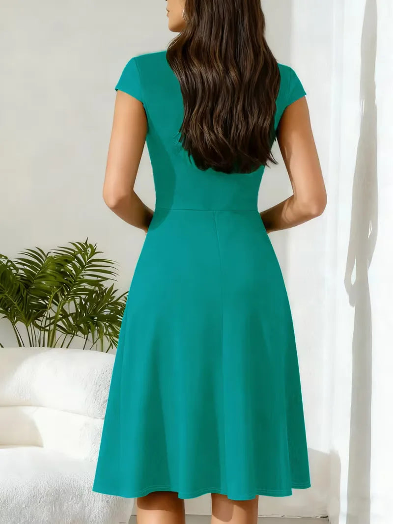 Women's V-Neck Pocket A-Line Dress – Short Sleeve Knee Length Dress