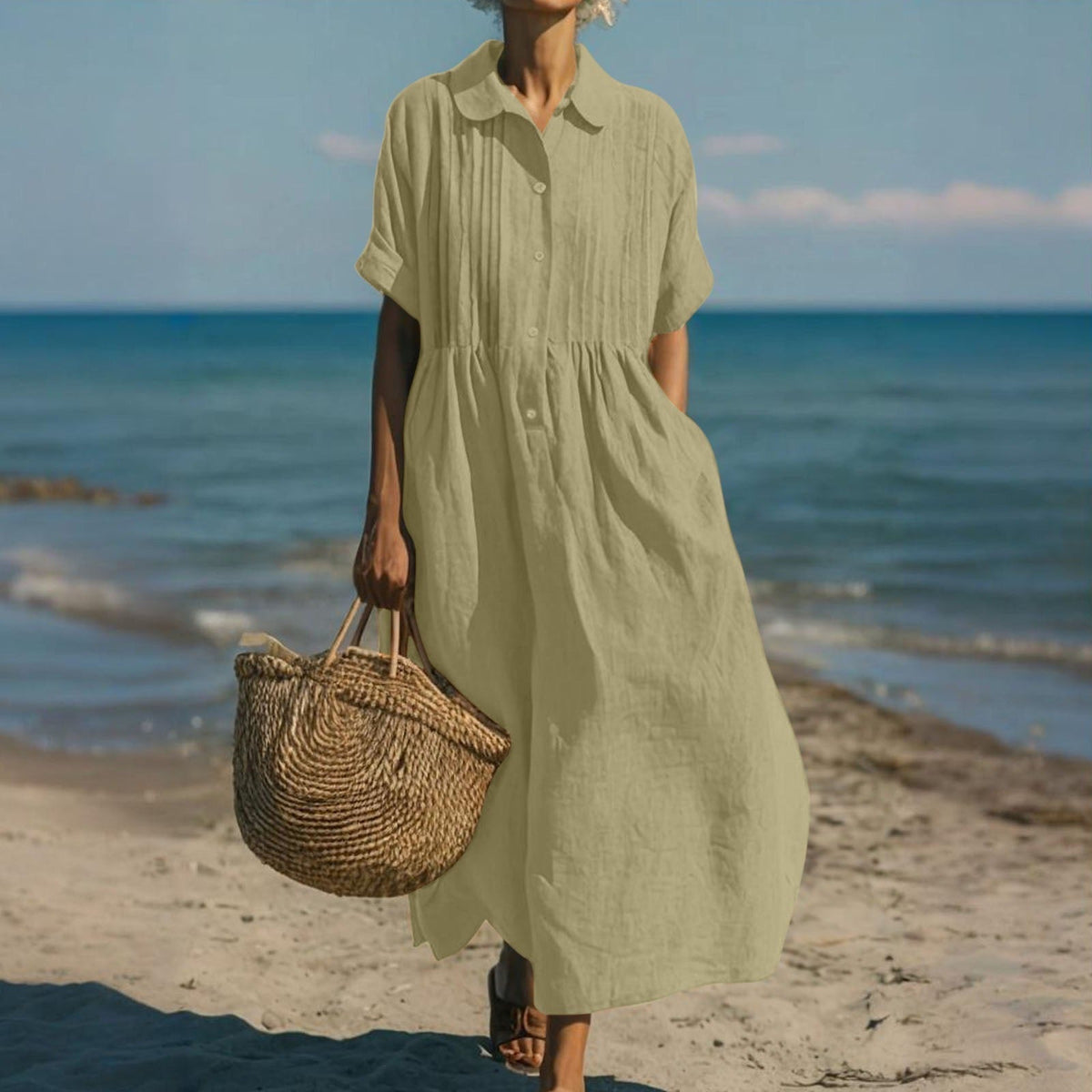 Women's Button Front Summer Dress – Short Sleeve Flowy Day Dress