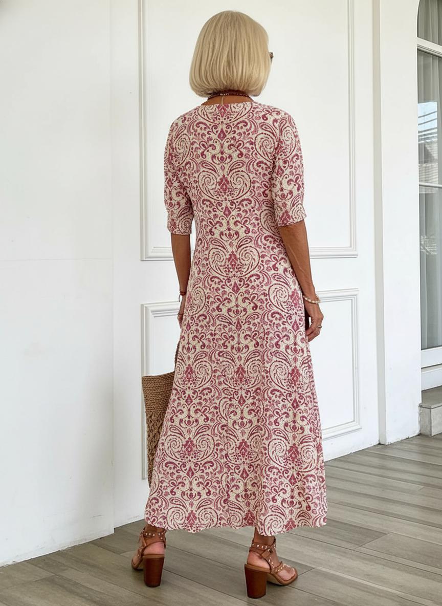 Women's Boho V-Neck Dress – Printed Flared Summer Dress