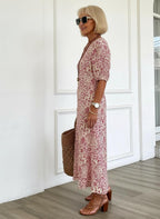 Women's Boho V-Neck Dress – Printed Flared Summer Dress
