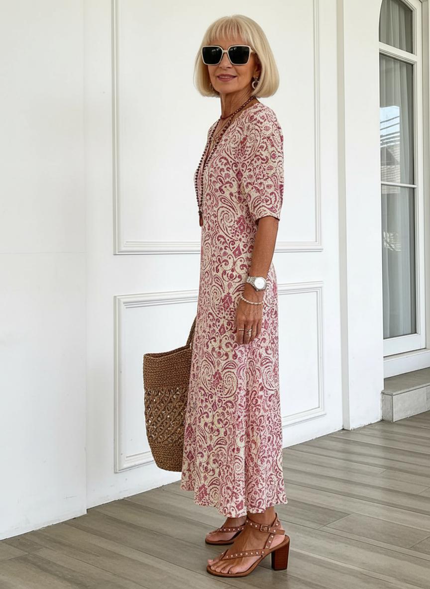 Women's Boho V-Neck Dress – Printed Flared Summer Dress