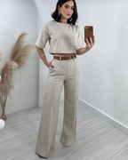 Women's Flared High Waist Trousers Set – Relaxed Casual Matching Top Set