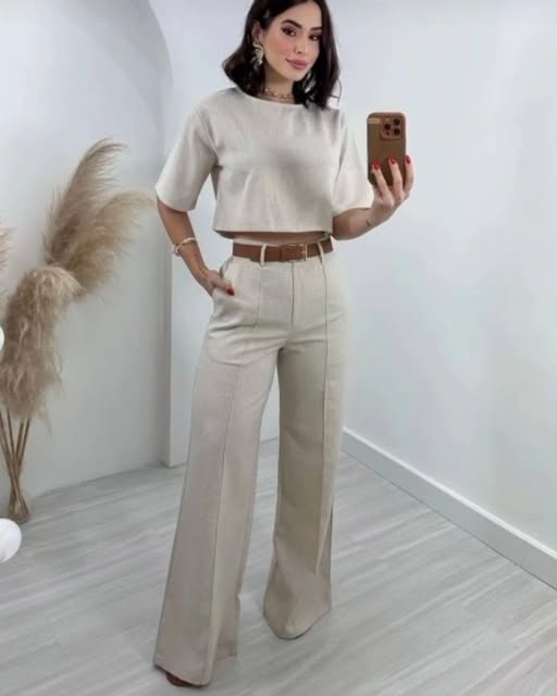 Women's Flared High Waist Trousers Set – Relaxed Casual Matching Top Set