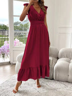 Women's V-Neck Tiered Evening Maxi Dress – Short Sleeve Smocked Waist Dress