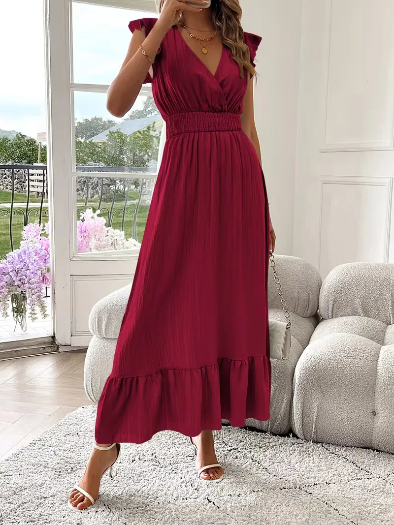 Women's V-Neck Tiered Evening Maxi Dress – Short Sleeve Smocked Waist Dress
