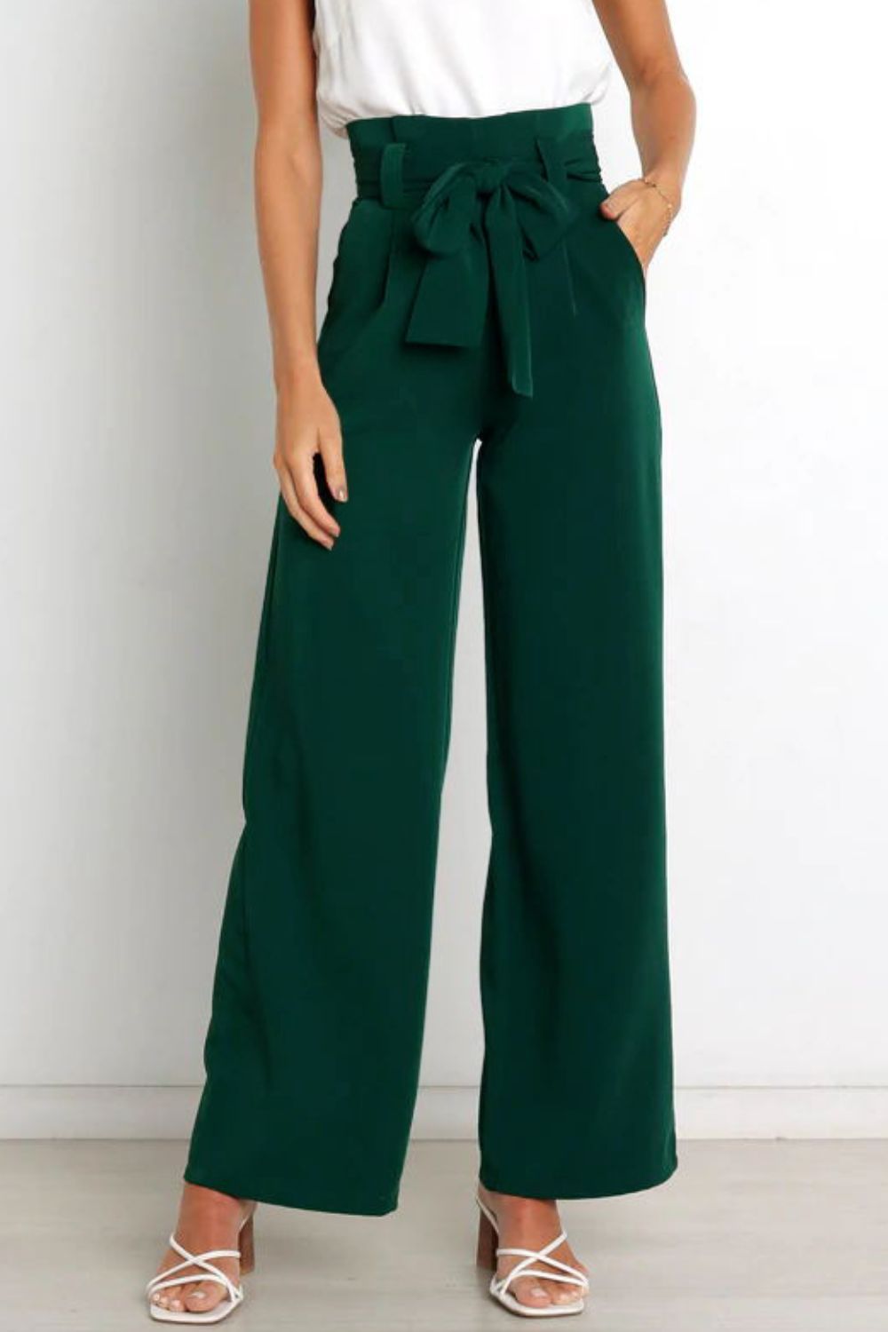Women's Bow Tie Paperbag Waist Pants – High Rise Wide Leg Trousers