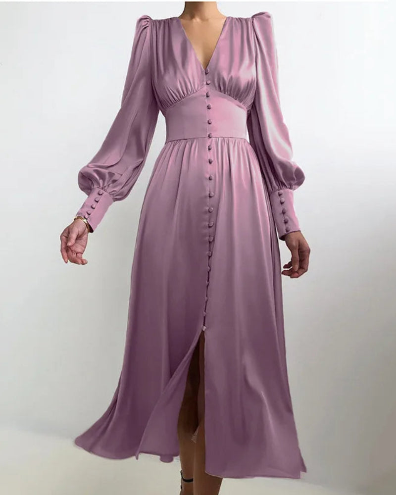 Women's V-Neck Wedding Guest Maxi Dress – Lantern Sleeve Flowy Formal Dress