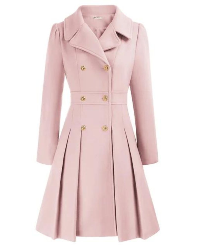 Women's Pleated Long Coat – Tailored Button Front Winter Overcoat