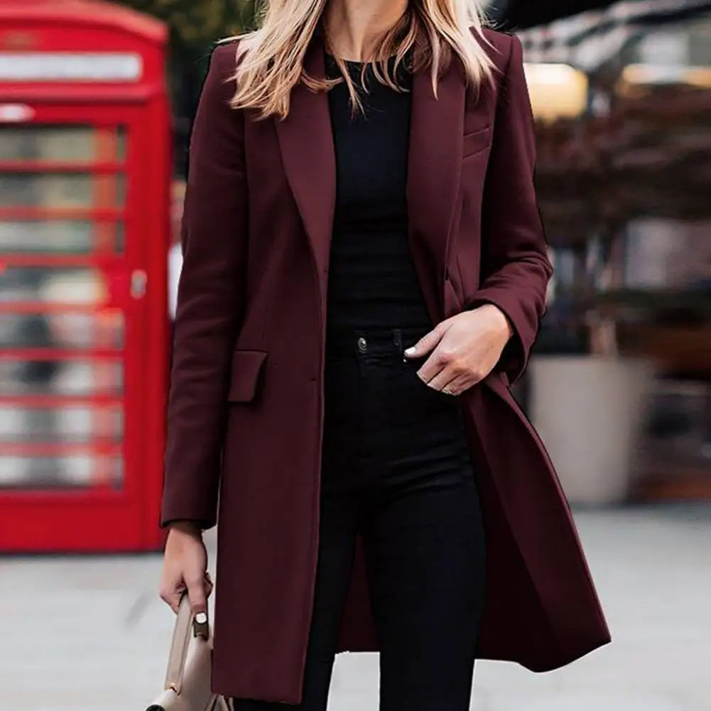 Women's Double-Breasted Mid-Length Coat – Tailored Lapel Overcoat