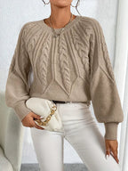 Women's Balloon Sleeve Cable Sweater – Round Neck Knit Pullover
