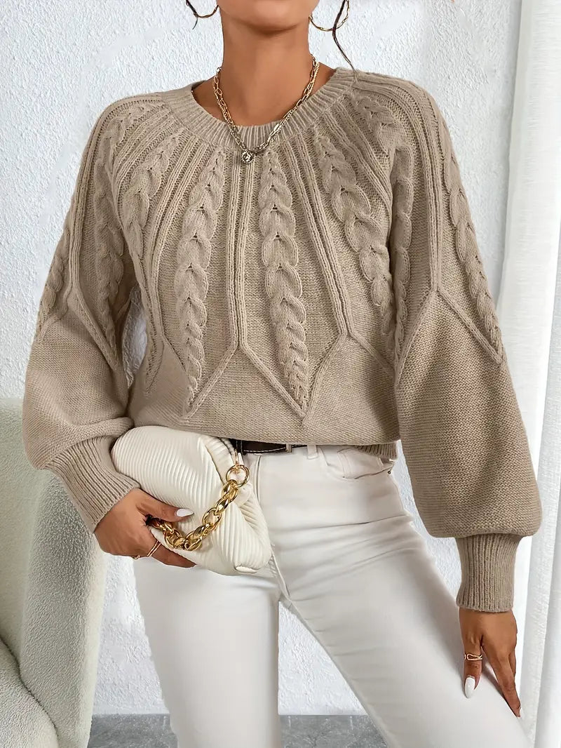 Women's Balloon Sleeve Cable Sweater – Round Neck Knit Pullover