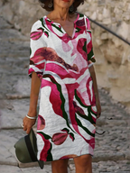 Women's Printed V-Neck Dress – Three-Quarter Sleeve Summer Dress