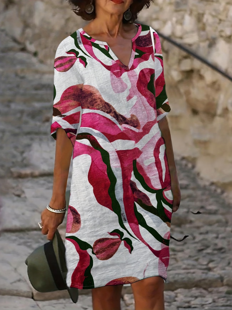 Women's Printed V-Neck Dress – Three-Quarter Sleeve Summer Dress