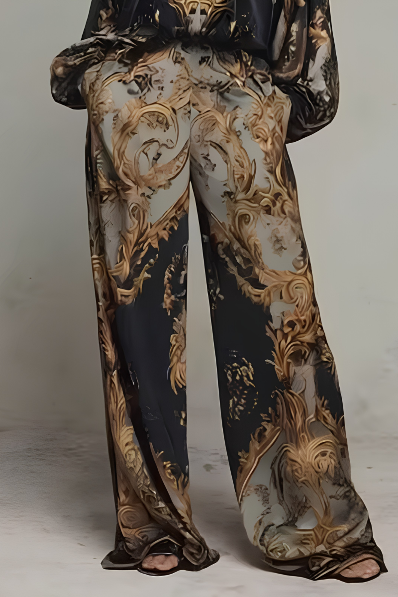 Women's Long Sleeve Printed Jumpsuit – Baroque Pattern Wide Leg Jumpsuit