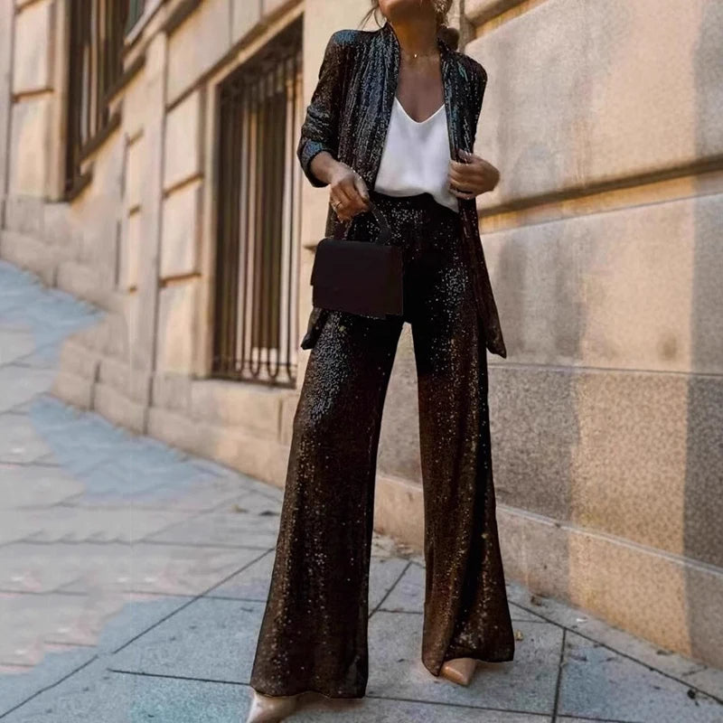 Women's Sequin Evening Set – Fitted Top & High Waist Party Pants Set